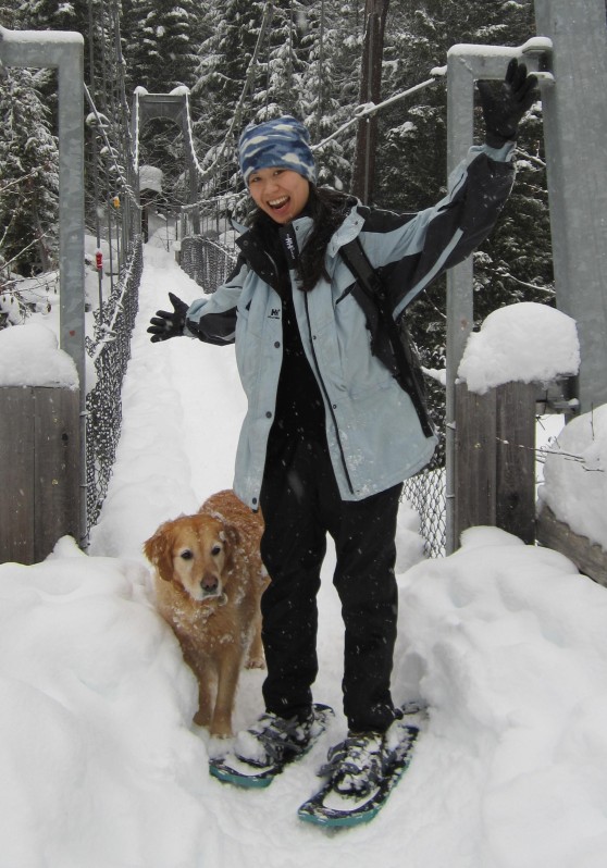 Snowshoeing with a furry friend in Cheakamus Canyon, Whistler B.C.
